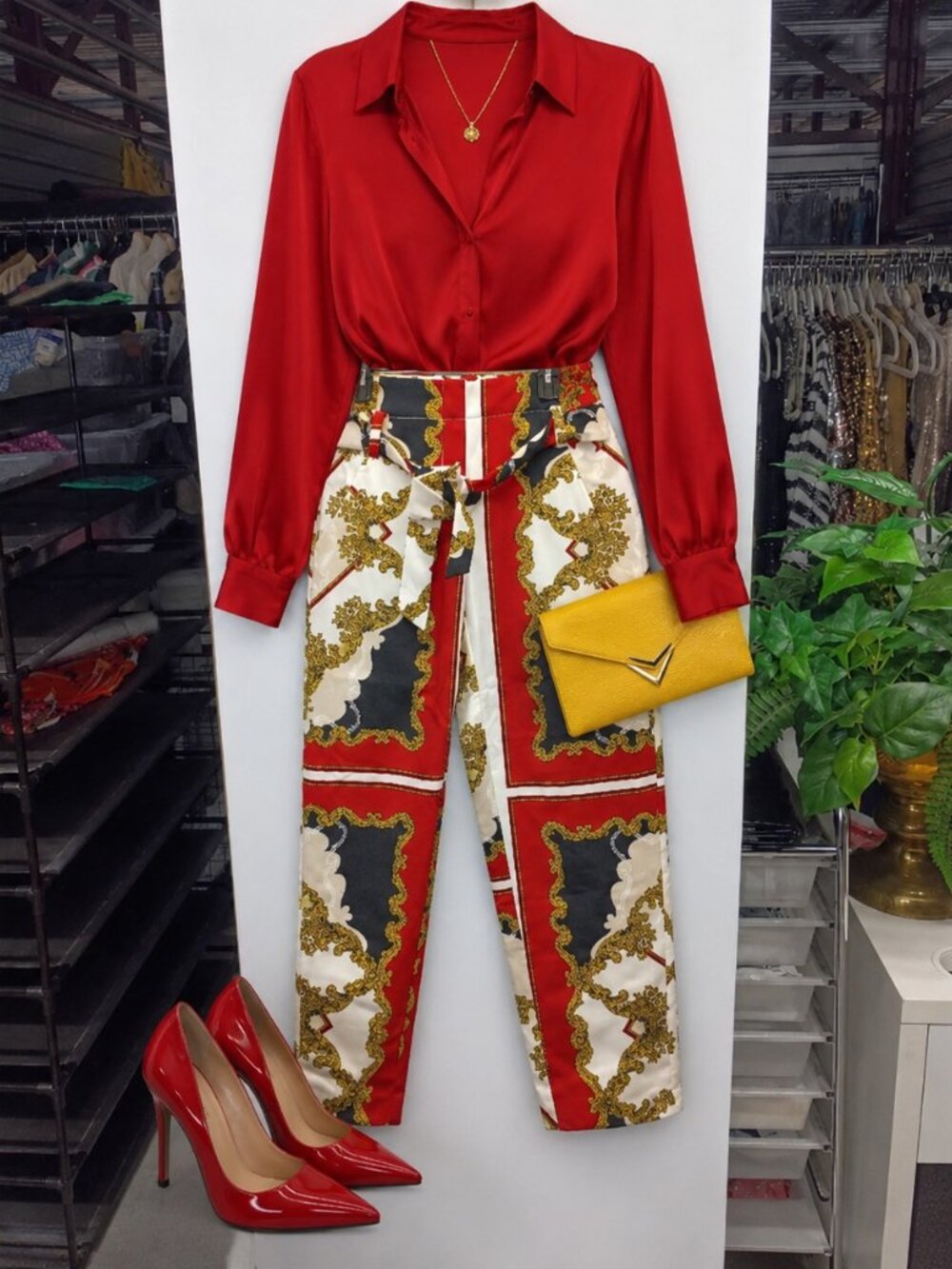 New York & Company Red and Gold Patterned Trousers - Picture 3 of 13